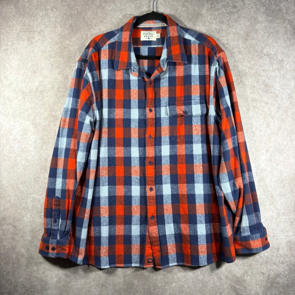 The Normal Brand Flannel Shirt Mens Size 2XL Blue Orange Plaid Button‎ Up Casual